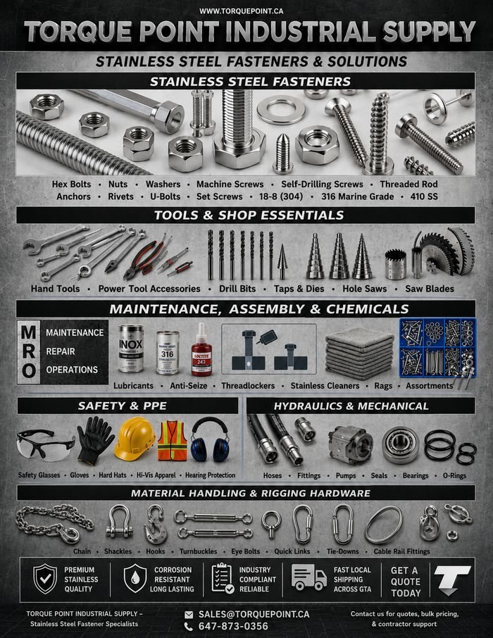 Torque Point Industrial Supply full line card — stainless steel fasteners, tools and shop essentials, maintenance and chemicals, safety and PPE, hydraulics and mechanical, material handling and rigging hardware